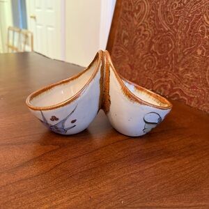 Vintage TONALA Mexican Pottery Signed Ken Edwards - Double Bowl - 5 1/4"